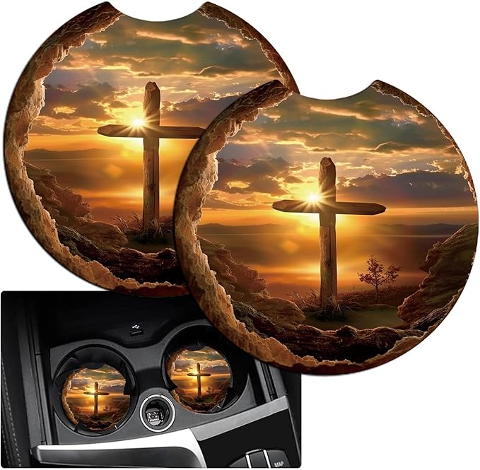 Car Armrest Cover Pads Universal Fashion Cute Auto Center Console Armrest Cover Pad with 2PCS Car Coasters Soft Waterproof Car Armrest Seat Protector for Women, Sunrise Cross