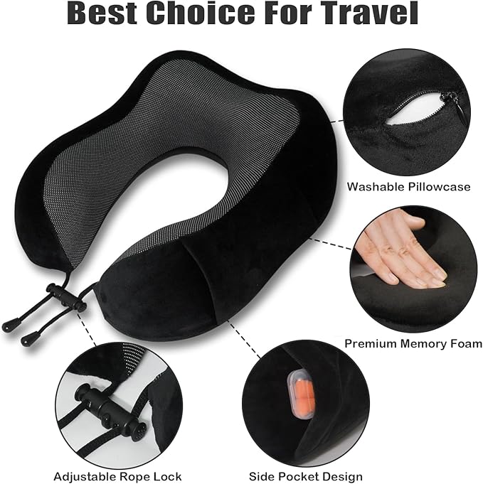 Travel Pillow, Memory Foam Neck Pillow for Traveling, U Shape Neck Pillow Airplane Portable Flight Pillow Travel Kit with 3D Contoured Eye Masks and Earplug for Plane Train Car Home Office - Black