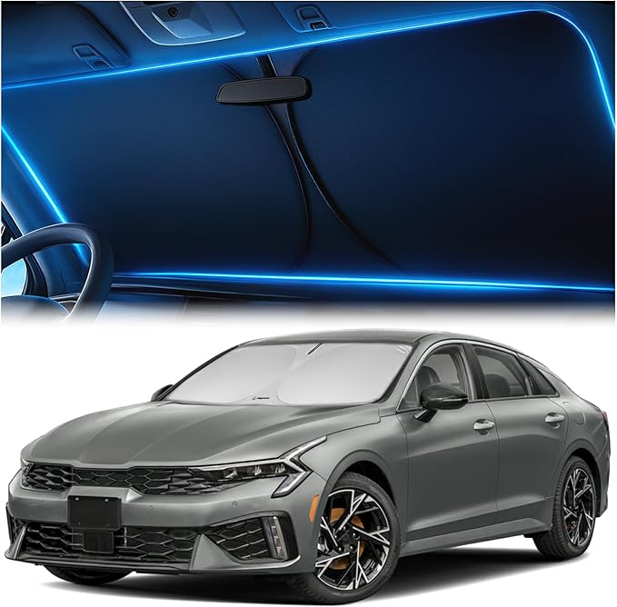 Windshield Sunshade for Kia K5 2021-2026 / Hyundai Sonata 2020-2026 – Upgraded Double-Layer Design, Mirror Cut-Out, Blocks 99% UV Rays, Easy-Fold Kia K5 & Hyundai Sonata Windshield Sun Shade