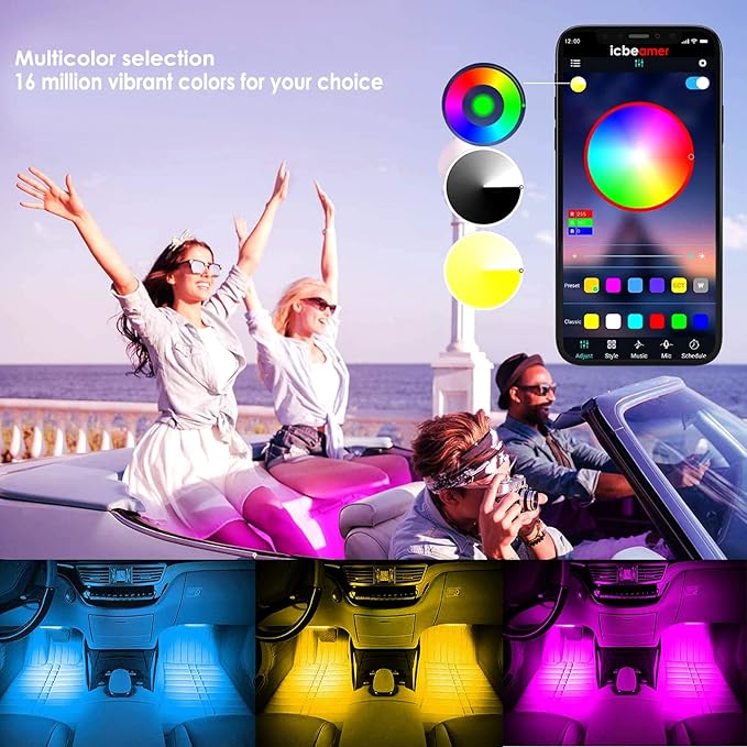 ICBEAMER RGB Interior Car Lights - Interior LED Strip Smart Phone Control APP Color Floor Matt Light w/Sound Active Function Atmosphere Under Dash/Seat Car Charger DC 12V Lighting Kit