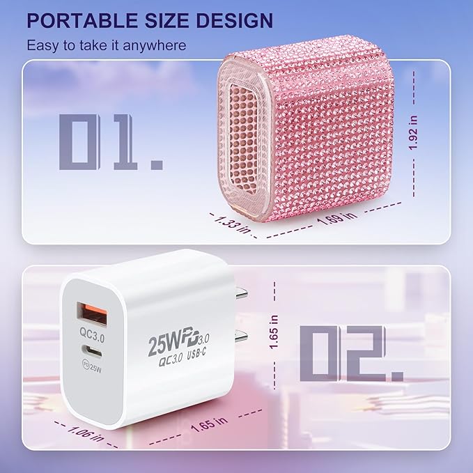 Aolcev for iPhone Charger Fast Charging Bling 2 in 1 USB A USB C Charger Block 25W Type C Fast Charging Blocks for iPhone 17 16 15 14 13 iPad Bling USB C Adapter for Galaxy S26 S25 Rhinestones Pink