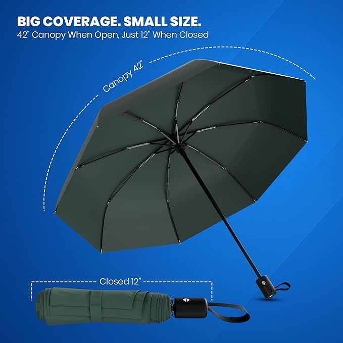 Rain-Mate Windproof Compact Umbrellas for Rain - Strong Reinforced Fiberglass Rib Design & Auto Open & Close - Portable Folding Travel Umbrella - Lightweight & Packable for Women & Men, Easy Collapse