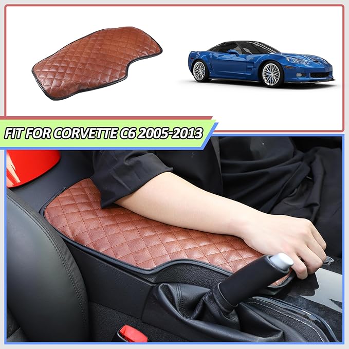 Center Console Armrest Cover for Chevy Corvette C6 2005-2013, Centre Armrest Seat Box Cover, Armrest Arm Rest Pad, Middle Consoles Cushion Protector Mat, Leather (Brown)