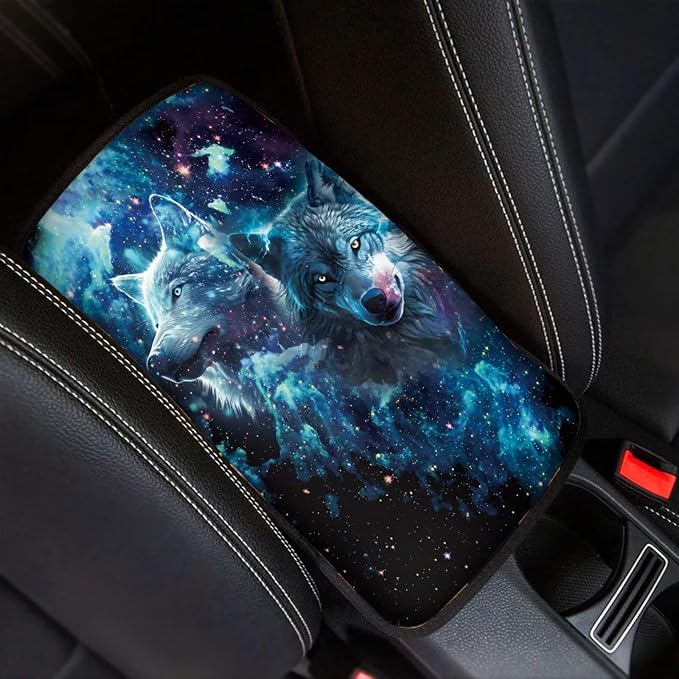 Blue Galaxy Wolf Print Center Console Cover for Men,Fashion Armrest Cover Pad for Cars SUV Sedan