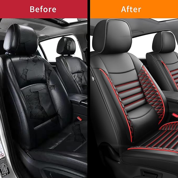 Fit Legacy Car Seat Covers for Ford Legacy 2008-2024 2025 2026 - Upgraded Premium Waterproof & Breathable Leather, Airbag Compatible, All-Weather Seat Cushion Protector (2 Front/Black+Red)