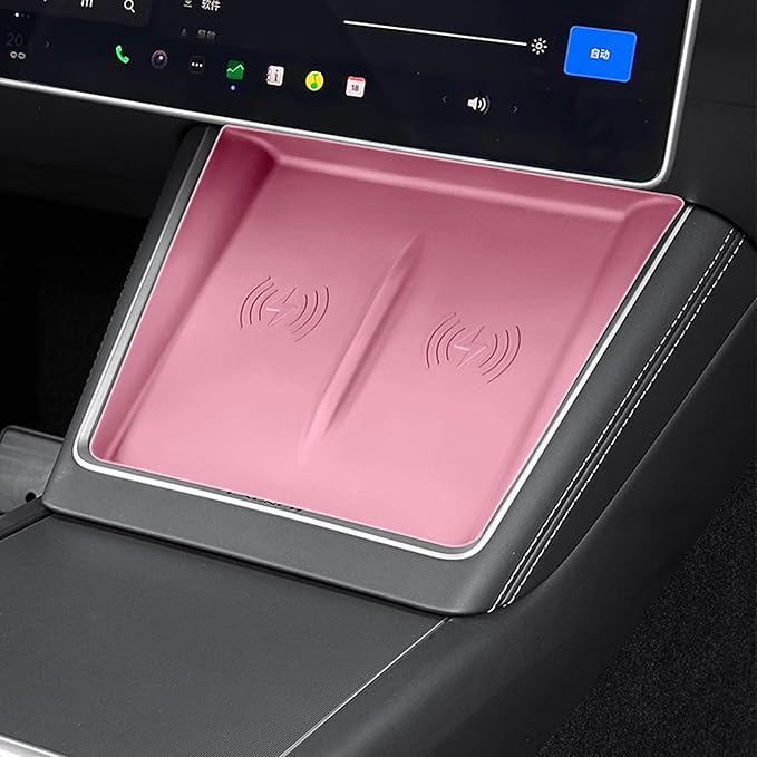 TOPABYTE 3PCS Center Console Accessories for Tesla New Model Y Juniper 2026 2025 Model 3 Highland 2024 Cup Holder Insert, Screen Edge Protector Frame, Wireless Charger Mat Silicone, Pink