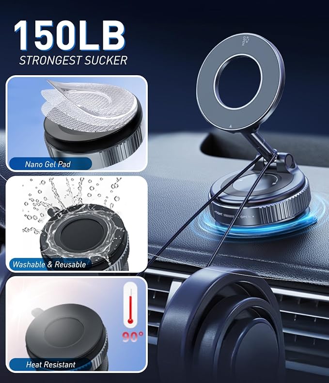 Magnetic Suction Cup Phone Mount for Magsafe, 360° Adjustable Magnetic Car Phone Holder, Pocket Size Foldable Car Mount, Cell Phone Holders for Your Car for iPhone 17 16 15 14 13 12 Series