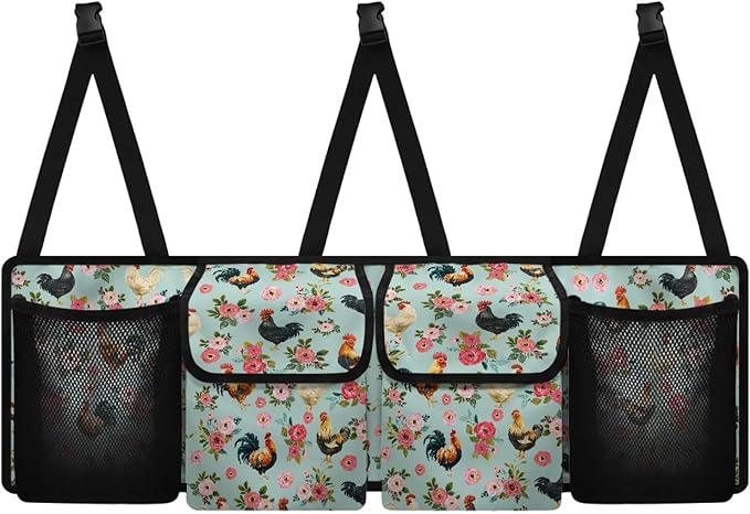 Farm Rooster Car Backseat Trunk Organizer for Women Pink Peony Flowers Hanging Car Storage Organizer with Extra Storage Space for SUVs,Trucks,Vans