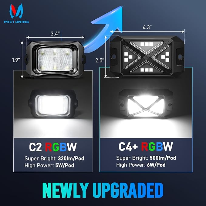 MICTUNING C4+ RGBW Rock Lights, 16 Pods 360° Ultra Bright Pure Color Underglow Neon Lights, Bluetooth APP Control & Music Mode, IP68 Waterproof, for Trucks Cars ATV UTV Golf Cart (2 Year Warranty)