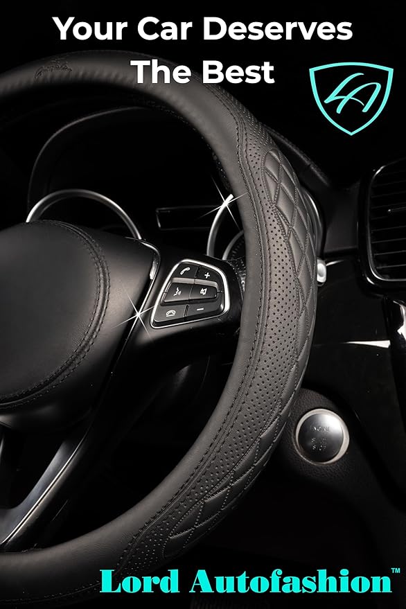 Lord Autofashion Steering Wheel Cover – PU Leather, Non-Slip Rubber Inner, All-Season Comfort – 14.5–15 Inch (Black 9366)