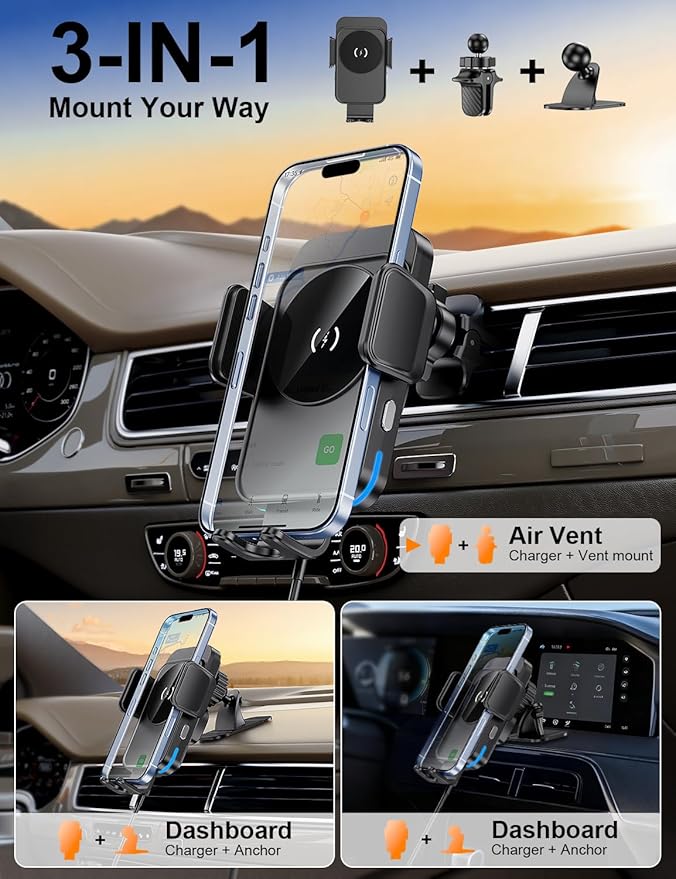 bokilino Wireless Car Charger, 15W Fast Charging [Auto Clamping] [Auto Alignment] Phone Holders for Your Car Dashboard Windshield Air Vent Car Accessories for iPhone 17 16 15 14 13 12 Series, Black