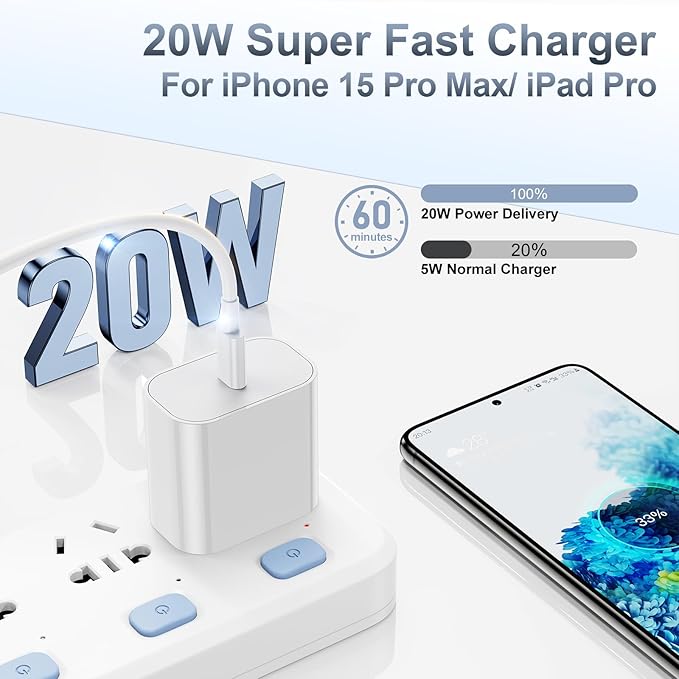 iPhone 17 16 15 Fast Charger, 20W USB C Charging Block for Apple iPhone 17 Pro Max/17 Air/16 Pro/15 Plus, iPad 12/11 inch/Mini/6 Gen,Wall Plug Power Adapter Cube Brick/6ft Type C to C Cable Cord Long
