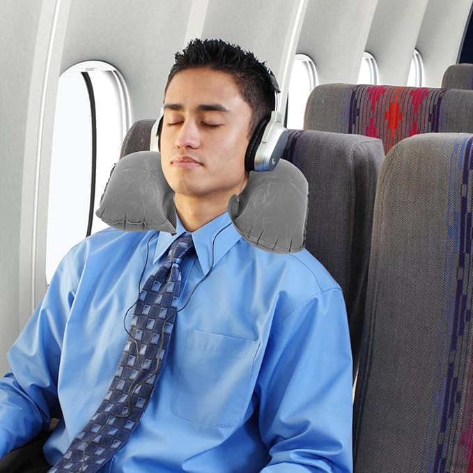 SUPVOX Inflatable Travel Neck Pillow U-Shaped with Blackout Eye Mask and Set, Lightweight Airplane Pillow for Flight Comfort and Sleep, Portable Gray Travel Accessory Kit