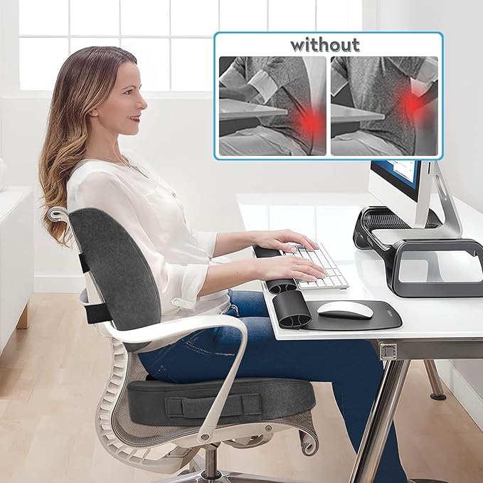 CloudBliss Lumbar Support Pillow & Seat Cushion Set for Office Chair, Desk Chair, Wheelchair & Car – Memory Foam Back Support, Ergonomic Chair Cushions, Sciatica Pain Relief, Home Essentials, Grey