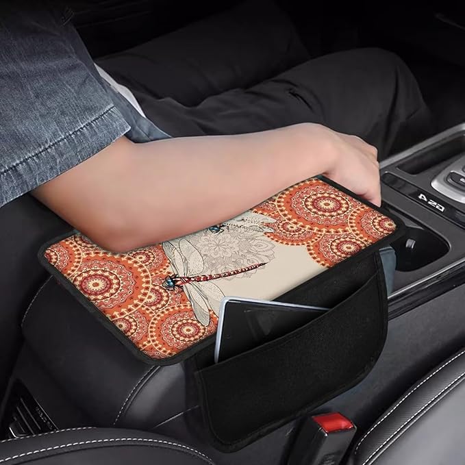 Dragonfly Bohemia Mandala Pattern Car Armrest Cover Stretchy Vehicle Box Cover Protector Lightweight Auto Center Console Pad Armrest Seat Box Cover Protector