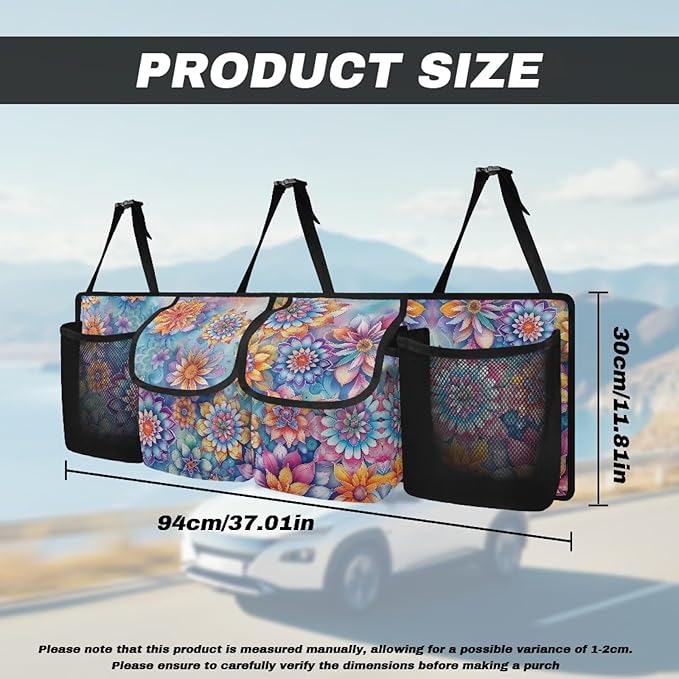 Car Trunk Organizer Boho Mandala Floral Flowers Back Seat Car Organizer with Adjustable Straps for Women Car Backseat Trunk Organizer