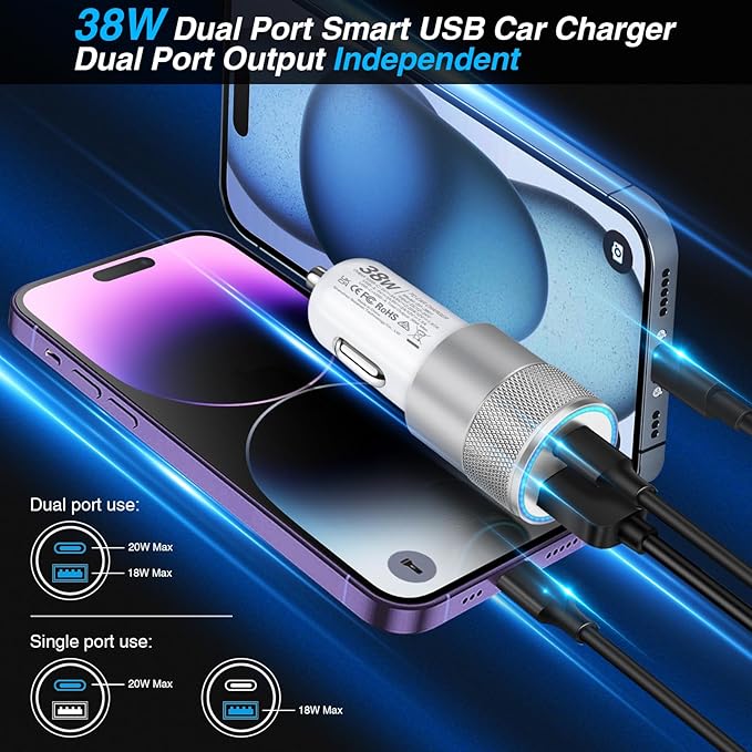 Car Charger, 2 Pack 38W Dual-Port USB-C & USB-A Cigarette Lighter Adapter USBC Car Charger Fast Charging for iPhone16e 16 15 14 13, Samsung S25 S24 S23, Pixel Cargador para Carro Phone Plug