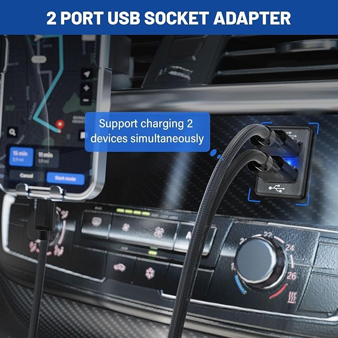 Anina Dual USB Car Charge Port for Toyota, Square Power Socket Adapter with Blue Light, USB Dashboard Mount Module, Vehicle USB Plug for 2009-2019 Toyota Corolla RAV4 Camry Highlander Prado