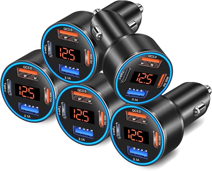 5 Pack Car Charger USB C, 65W Multi Port Dual 12V Cigarette Lighter USB Car Charger Adapter with Voltmeter PD/QC 3.0 Super Fast Charge Car Phone Charger for iPhone 17 16e 15 14 Pro Max Galaxy Android