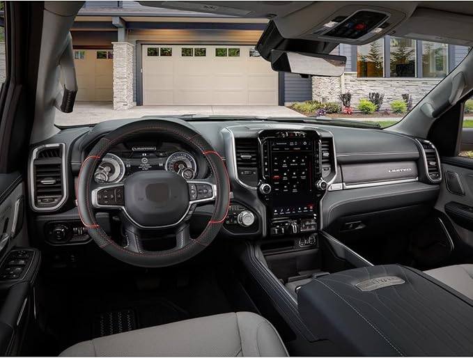 GIANT PANDA Car Steering Wheel Cover for Dodge Ram 1500 2500 3500 15.5-16 inches- Black+Red Trim