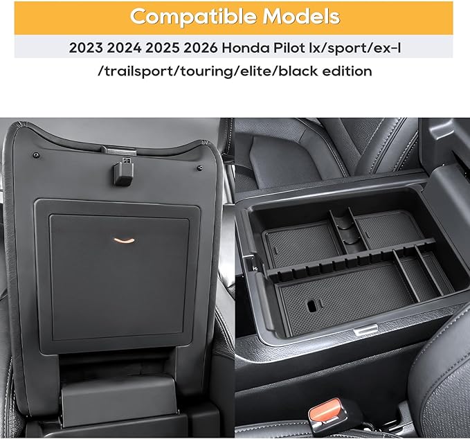For Honda Pilot Center Console Organizer for 2023 2024 2025 2026 Honda Pilot (lx/sport/ex-l/trailsport/touring/elite/black edition) Middle Armrest Storage Non-Slip Waterproof 2PCS Interior Accessories