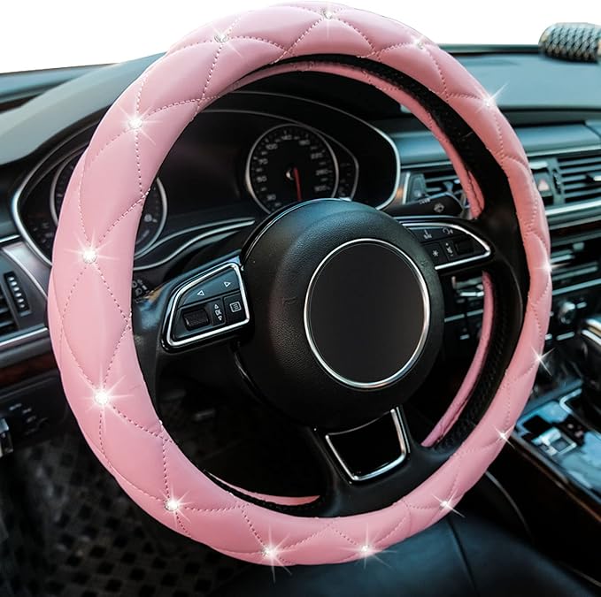 Xizopucy Pink Steering Wheel Cover, Diamond Leather Bling Steering Wheel Cover, Anti-Slip Steering Wheel Protector with Crystal Rhinestones for Women and Girl Fit 14.5-15 inch