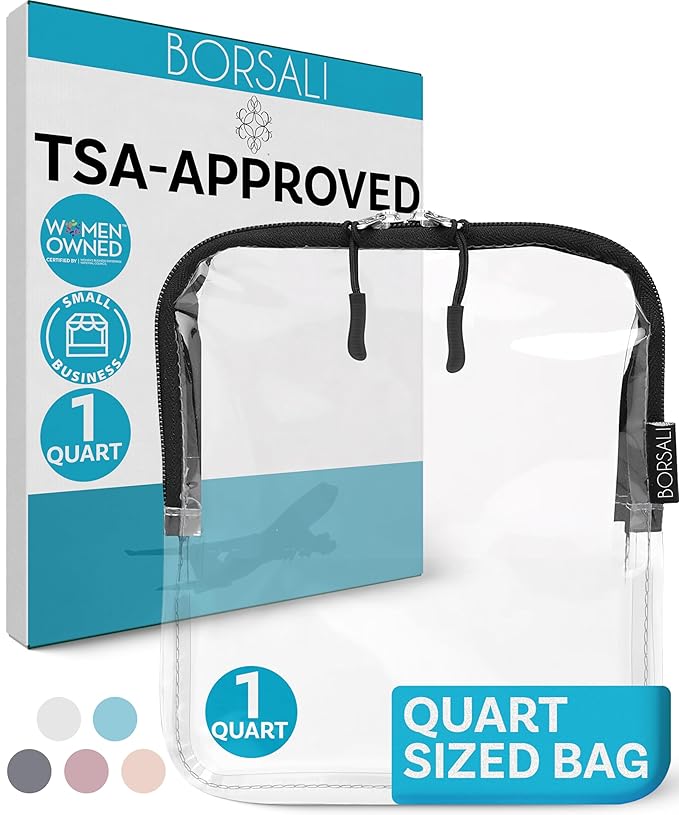 BORSALI TSA Approved Toiletry Bag - Clear Quart Size for 3-1-1 LIquids for Carry On Travel - Toiletries Organizer - Cosmetic Pouch with Zipper - Travel Accessories