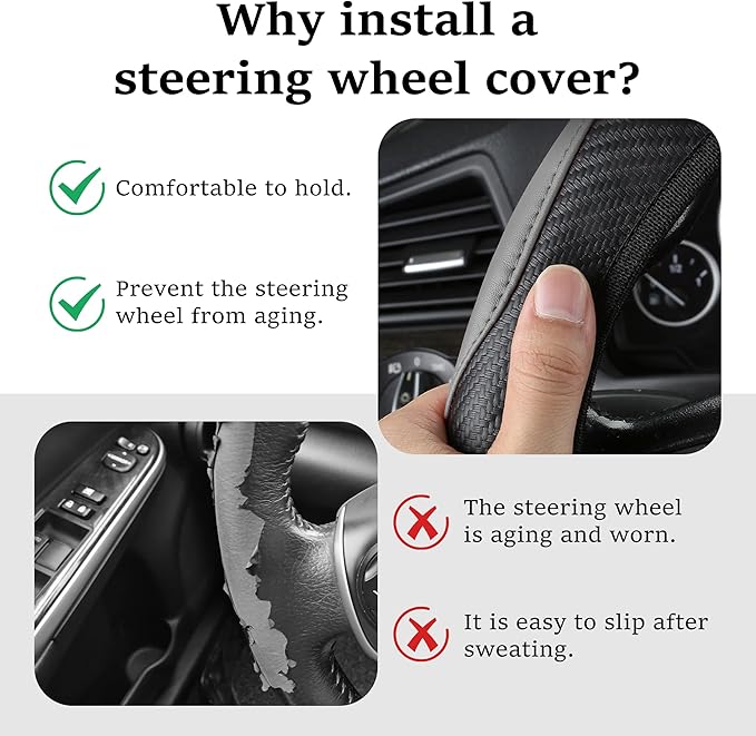 Car Steering Wheel Cover, 15 inch Carbon Fiber Microfiber Anti-Slip Breathable PU Leather Elastic Steering Wheel Protector, Car Interior Accessories for Most Cars (Gray)