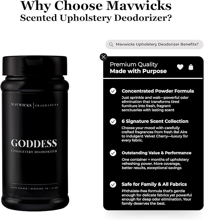 Mavwicks Fragrances - Upholstery Deodorizer (Goddess) 16 Oz - Rug, Couch & Carpet Deodorizer - Vacuuming Powder, Pet Safe Carpet Freshener Powder - Odor Eliminator for Home