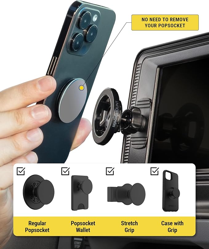 Scosche 5-in-1 MagSafe Car Mount Compatible with Popsocket, Magnetic Vent, Back-of-Display and Dashboard Cell Phone Holder, Tesla Phone Mount Compatible with iPhone 17/16/15/14/13/12, Samsung S25