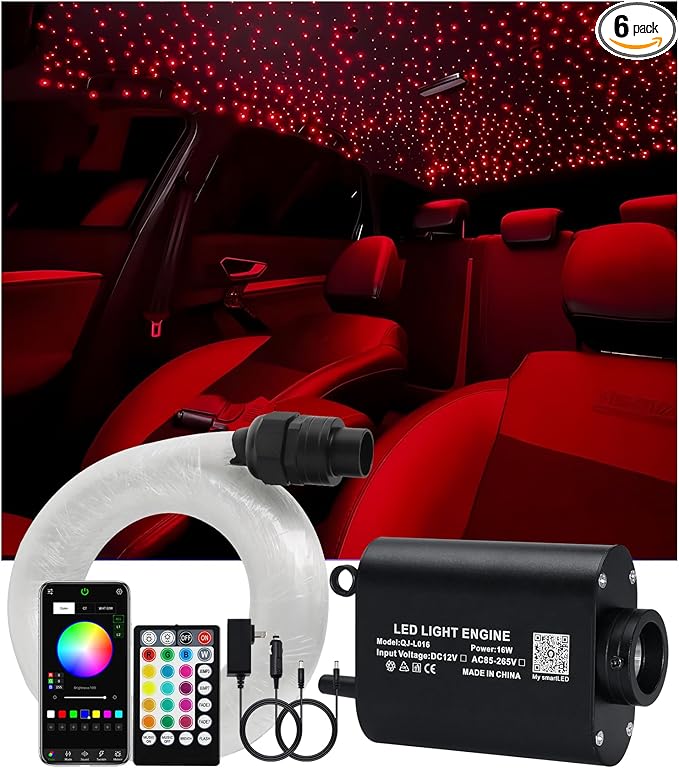 Small Size 16W RGBW APP Music Activated Fiber Optic Lights, 500pcs*0.03in(9.8ft/3m) Optical Fiber Star Ceiling Light Kit for Car Headliner Star/Home