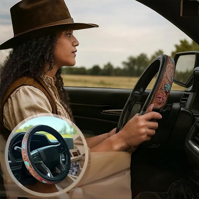 Western Steering Wheel Cover,Retro Western Cowboy Car Universal Steering Wheel Cover,Embossed Hand-Painted Leather Western Car Accessories, for Women Man, Anti-Slip Design Easy to Install (E)