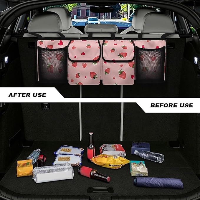 Strawberry Trunk Seat Organizer Back Seat Hanging Organizer for SUV, Sedan, Pink Trunk Oxford Cloth Bag, Equipped with Robust Elastic Net, Space Saving Expert