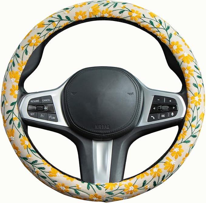 Embroidered Flowers Cute Yellow Daisy Steering Wheel Cover Auto Anti-Slip Breathable Rubber Steering Wheel Protector,Floral Car Accessories for Women,Universal Size Fit Most Cars -15 inch
