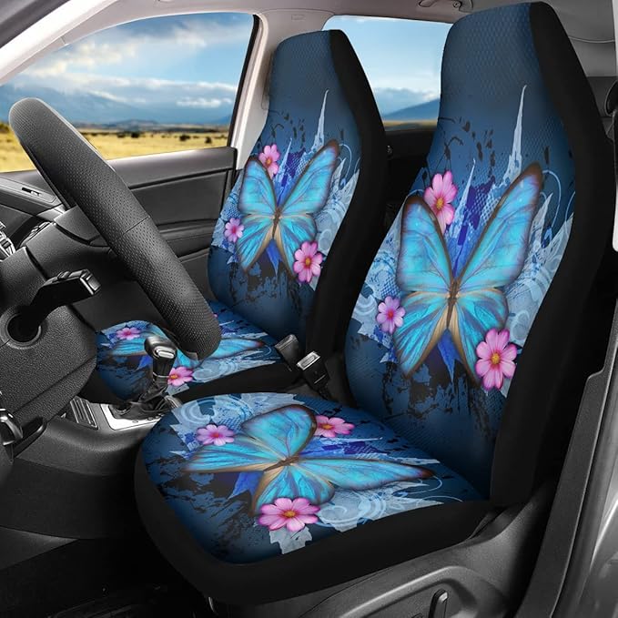 BIGCARJOB Trendy Car Seat Covers Ble Butterfly Print High Back Seat Cover Set of 2 Ultra-Soft Universal Fit