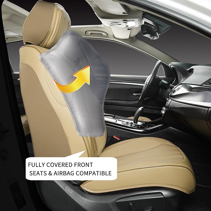 Beige Leather Seat Covers, 5 Seats Universal Car Seat Covers Full Set, Waterproof Automotive Seat Covers Breathable Front and Rear Seat Covers for Most Sedans SUVs Trucks