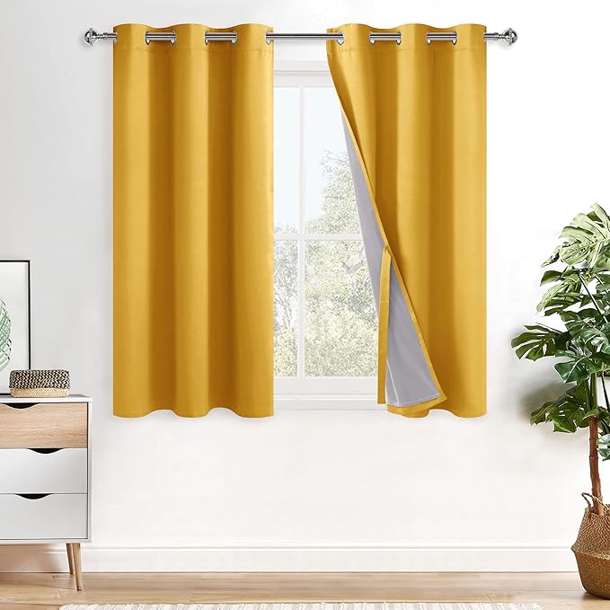 XWZO 100% Blackout Curtains 45 Inches Long with Tiebacks- Soundproof & Energy Efficiency Window Draperies Grommet Top with Black Liner for Bedroom/Living Room, Yellow, W42 x L45, Set of 2