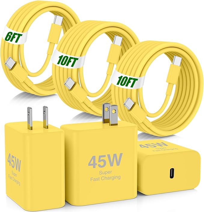 45W iPhone 17 16 Pro Max Charger Fast Charging,3Pack USB C Fast Charger Block with Long 10/10/6FT C to C Cable for Apple 17 Pro Max/16 Pro/15/iPad 13th,PD Quick Adapter 3.2 for iPhone 17-Yellow