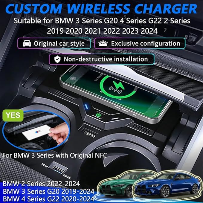 Wireless Car Charger for BMW 3 Series G20 2019-2024, for BMW 4 Series G22 2020-2024, for BMW 2 Series 2022-2024, OEM Custom Fit with 27W USB-A & Type-C Wireless Fast Phone Charging Pad