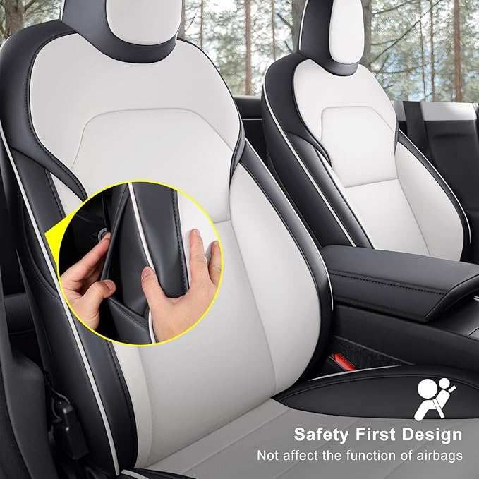 Nappa Leather Car Seat Covers Compatible with 2025–2026 Tesla Model Y Juniper, Black & White Two-Tone Design, Custom Fit Full Set, Airbag Compatible Car Interior Cushion Covers