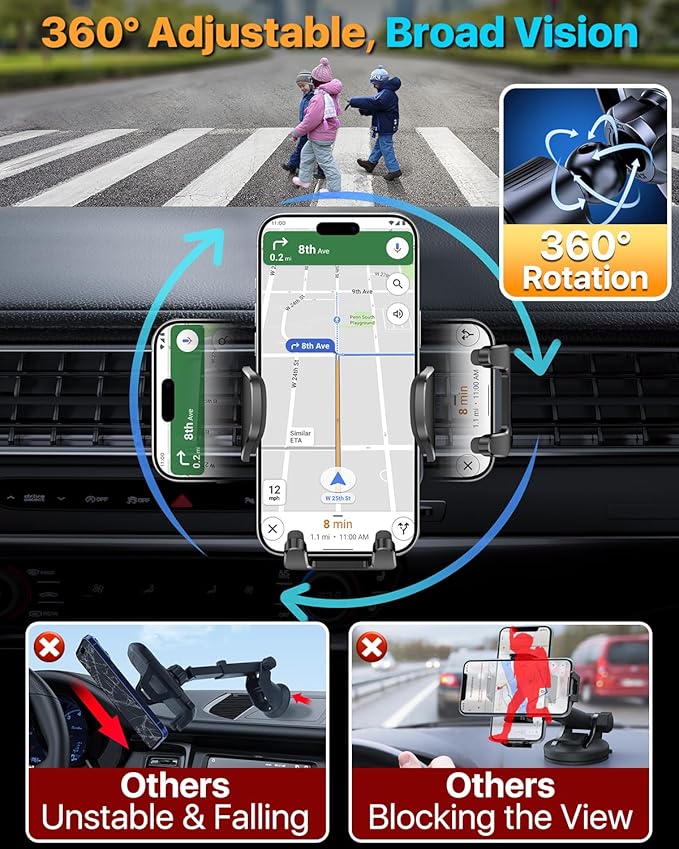 HTU 【Military-Grade Car Phone Holder,【Strongest & Longest Steel-Hook】 Car Vent Mount, Handsfree 360° Adjustable Automobile Cradle Air Clip Stand for iPhone 17 16 15 14 Pro Max Samsung (Graphite Gray)
