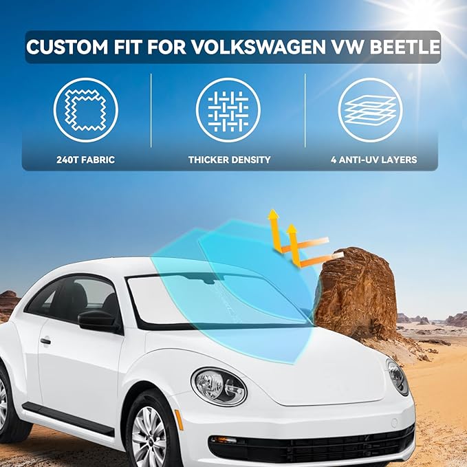 for Volkswagen VW Beetle 2012-2019 Windshield Sun Shade - 4 Layers Car Sunshades for Front Windows Shade Cover Custom Fit Beetle Sun Visor 250T Retractable Shade Blocks UV Rays Car Accessories
