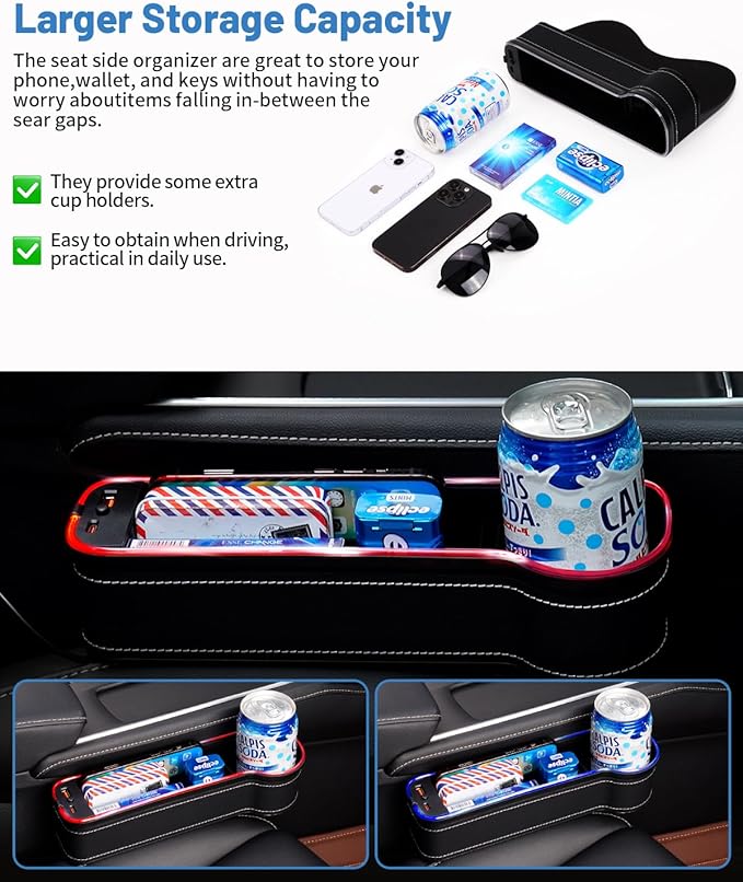 Shademax LED Car Seat Gap Filler Organizer Console Side Storage Box Between Seats with Cup Holders RGB Color Changing Storage Front Seat Gap Filler with USB Charging Car Interior Accessories (2 Pack)