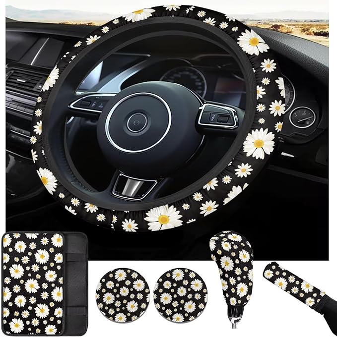 Daisy Flower Car Steering Wheel Cover Set for Women Girl White Flower Handbrake Cover Cup Coaster Armrest Cover Fits Most Cars Trucks Vans and SUV