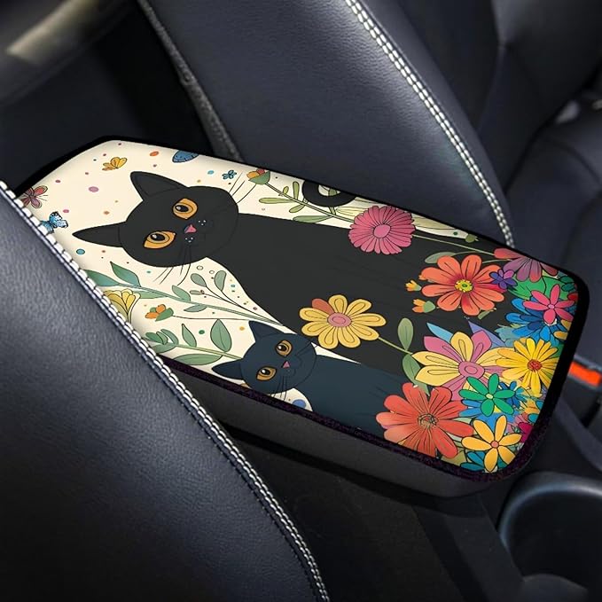Dreaweet Car Armrest Cover Cute Black Cat Floral Car Accessories for Women Car Center Console Pad Universal Fit Armrest Cover Protector for Cars,SUV,Trucks