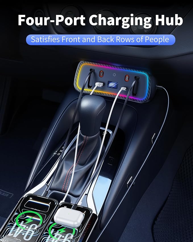 Car Charger Usb Hub with RGB Light for 2026 2025 2024 2023 2022 2021 2020 Toyota Corolla Accessories, 4-Port Docking Station with Retractable Cable, Phone Fast Charging Hub with Voltage Display