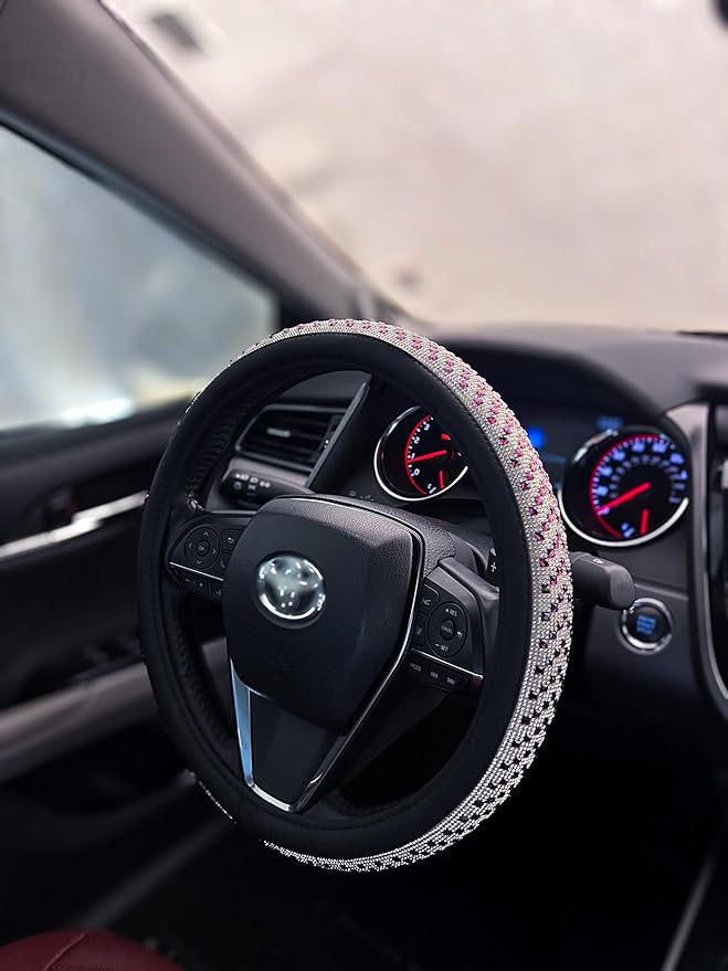 Lord AutoFashion 15 Inch Luxury Universal Steering Wheel Cover Rhinestone Crystals Anti-Slip Microfiber Leather for Women Girls Men Boys Car Accessory Bling Diamonds Purple (JX06)
