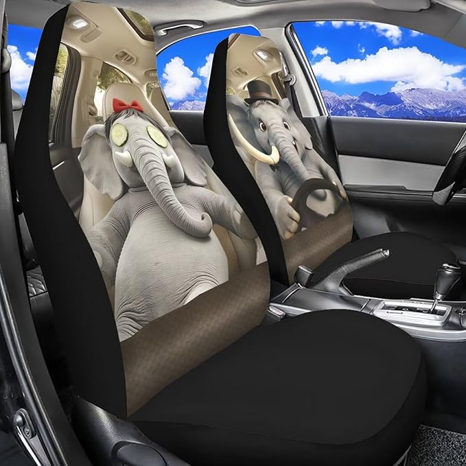 Elephant Car Front Seat Covers Set of 2 Funny Nonslip Car Seat Covers Front Seats Only Stretch Polyester Fabric Cover Cars Seats Covers Protector for Cars Sedans SUVs
