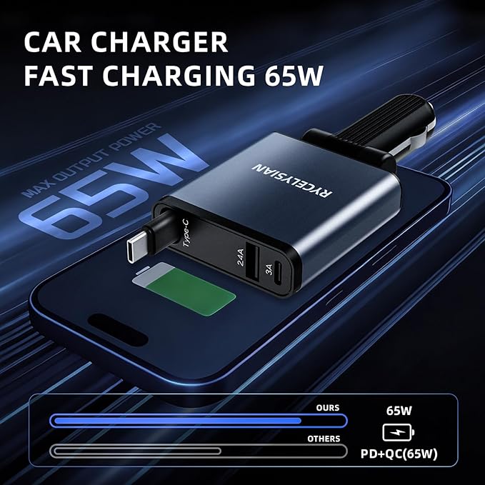 Retractable Car Charger Ultra-Slim, 65W Fast Car Charger with 31.5 inches and USB C+USB A Car Charging Block Cube Suitable for iPhone Samsung and Android