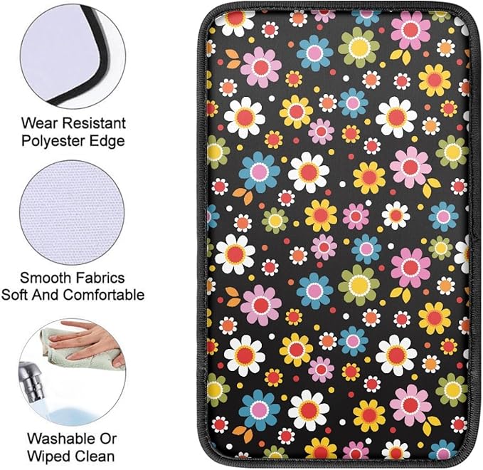 UNICEU Car Center Console Armrest Cushion Pad- Colorful Cute Daisy Flowers Print Auto Interior Decor Accessories Neoprene Armrest Box Protector Cover
